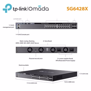 Switch Managed L3 Omada TP-Link SG6428X | 24 Cổng RJ45 1G, 4 Cổng SFP+ Tốc Độ Cao