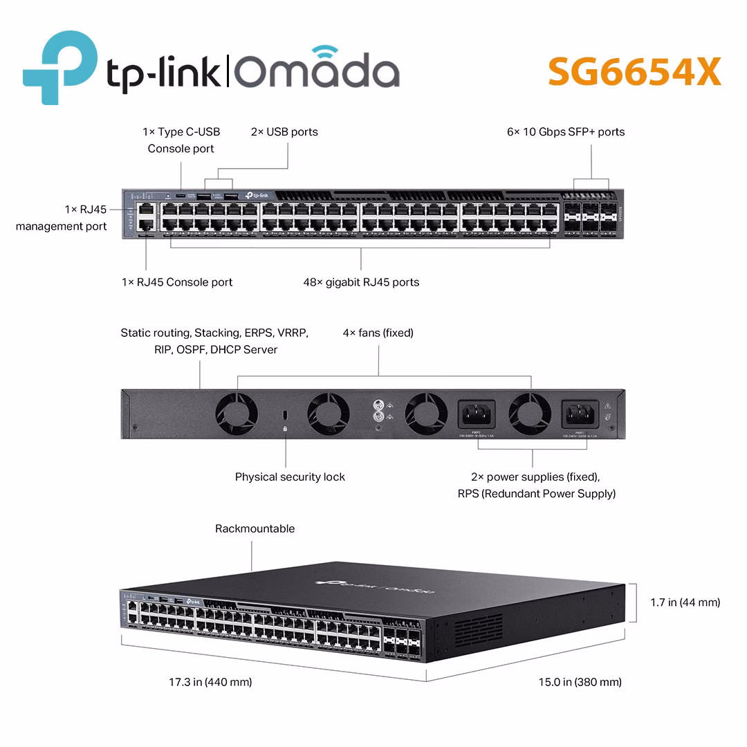 Switch Managed L3 Omada TP-Link SG6654X | 48 Cổng RJ45 1G, 6 Cổng SFP+ Hiệu Suất Cao