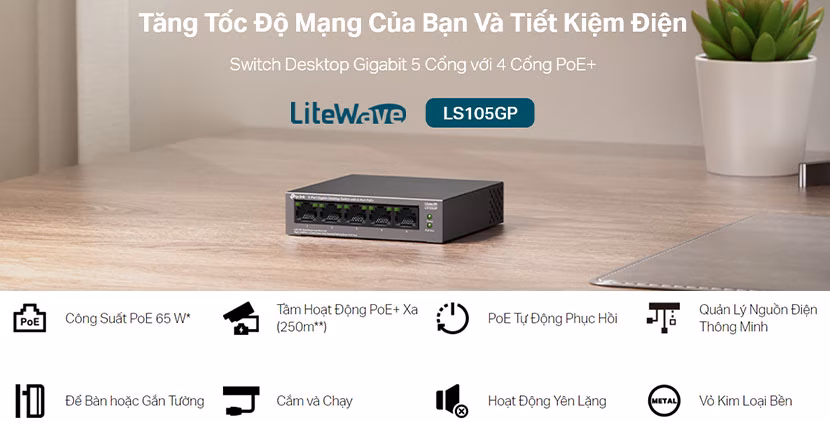 Switch 5 Cổng TP-Link Litewave LS105GP | 4 Cổng PoE+, Công Suất 65W