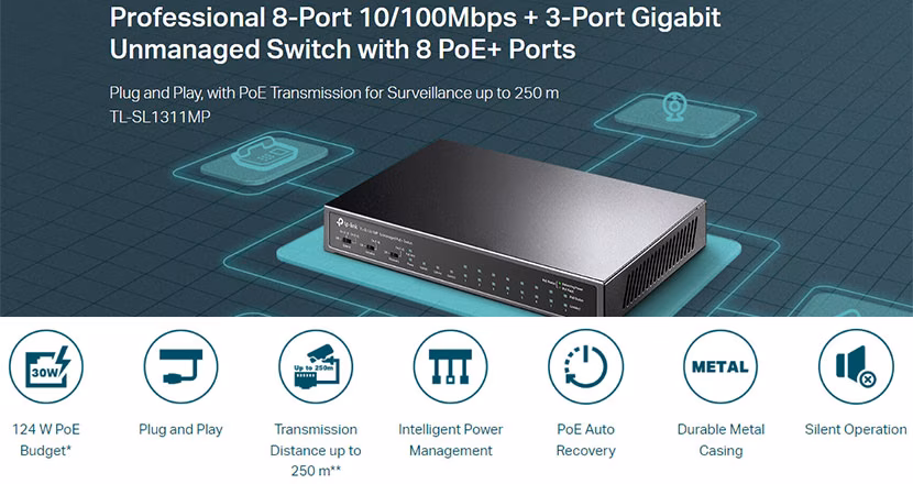 Switch 11 Cổng TP-Link TL-SL1311MP | 8 Cổng PoE+ Công Suất 124W