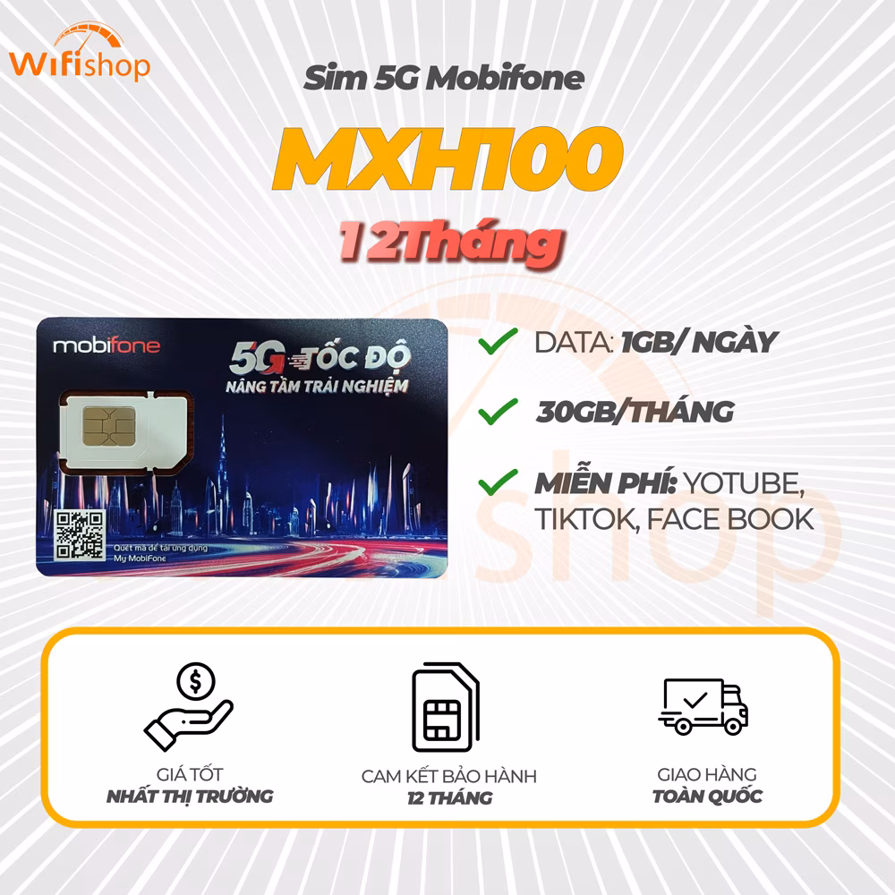 Sim Mobifone MXH100 1GB/Ngày (30Gb/Tháng), Miễn Phí Youtube, Tiktok, Facebook