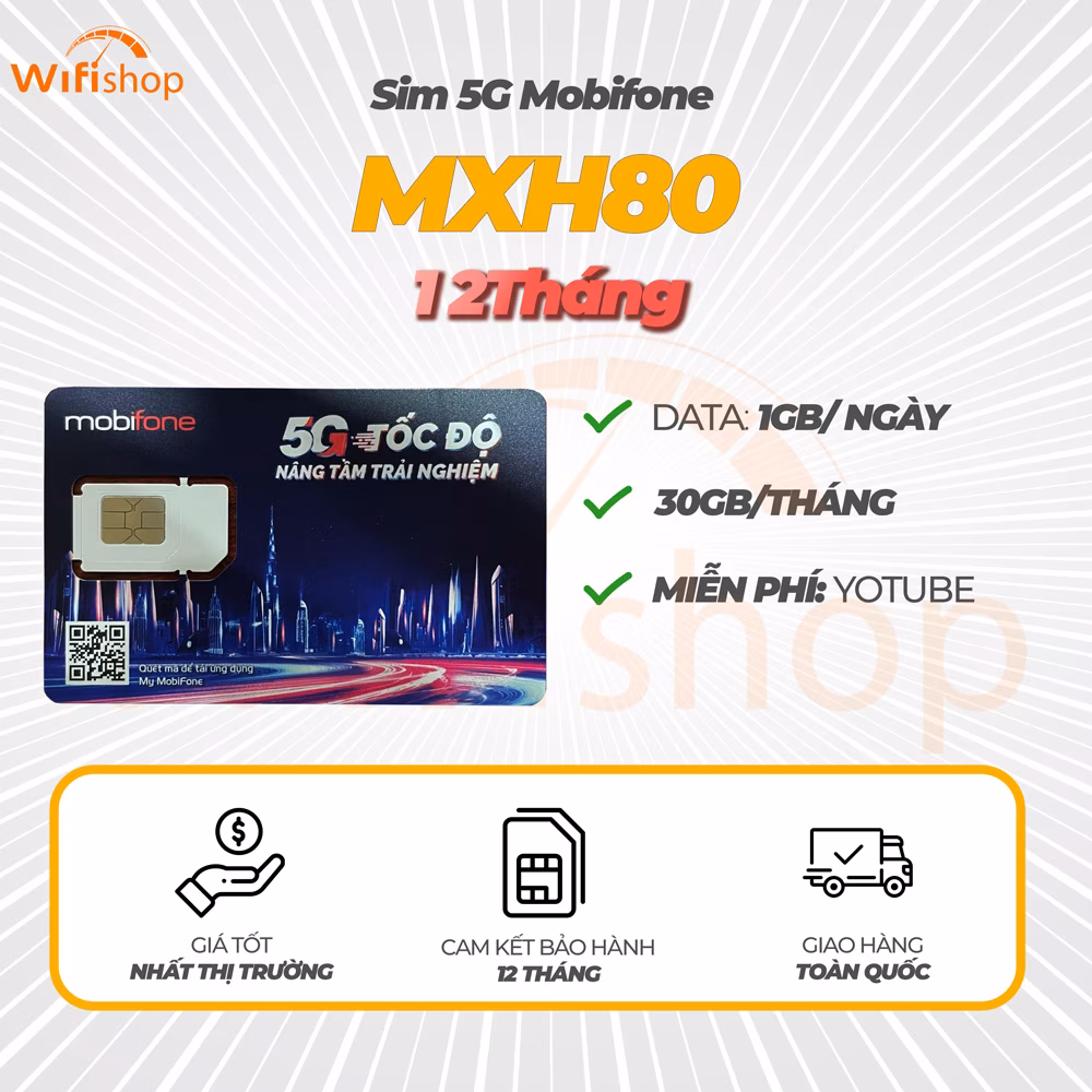 Sim Mobifone MXH80 1GB/Ngày (30Gb/Tháng), Miễn Phí Youtube