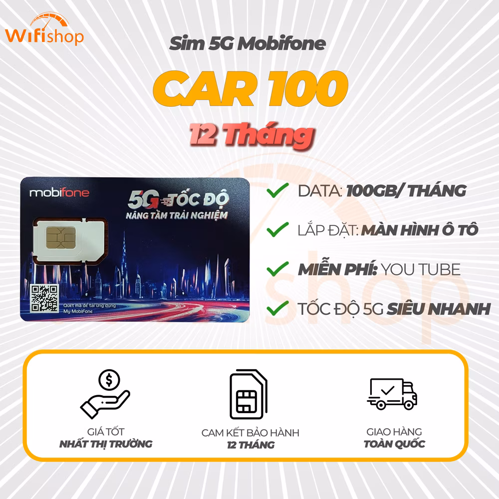 SIM Lắp Màn Hình Ô Tô - Mobifone 5G Car100 12 tháng